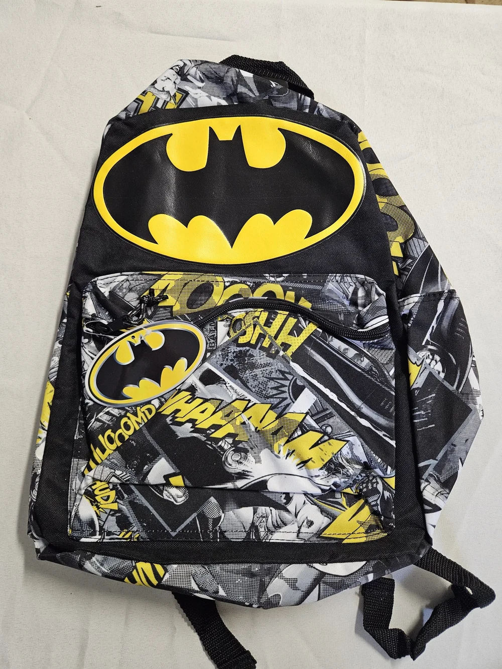 Batman Comic Print Backpack Black Yellow Logo Bookbag NWT